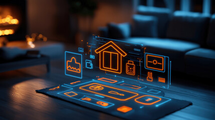 warm and inviting living room featuring glowing hologram interface displaying home automation icons. atmosphere is cozy and modern, perfect for tech enthusiasts