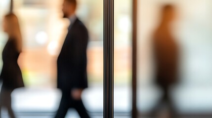 People walk near window in building, blur background, stock