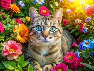 Drone View: Blue-Eyed Tabby Cat in Lush Garden