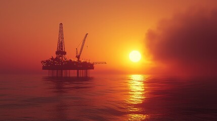 Fototapeta premium Sunset Over Oil Rig in Calm Waters with Vibrant Orange Sky