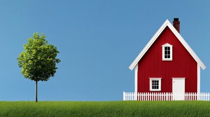 Red House, Green Grass: A charming red house with a white picket fence stands on a vibrant green lawn, a single tree providing a touch of nature against a clear blue sky.
