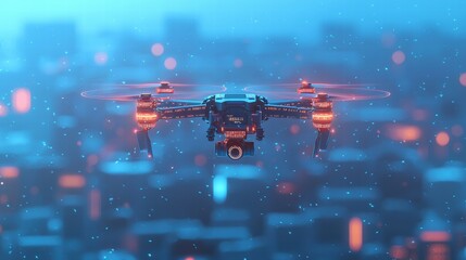 Smart drone over futuristic cityscape with dynamic data projection