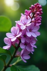 Fototapeta premium Lilac branch with delicate purple flowers blooming in the garden, flower stem, ornamental plants, plant details