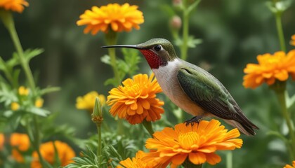 Fototapeta premium Ruby throated Hummingbird resting on a yellow and orange marigold flower, its feathers glistening in the sunlight, photorealism, yellow flowers, hummingbird