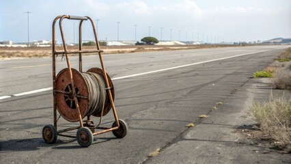 Rusted metal hose reel trolley with wheels rolling on a deserted road, rust, outdoor, reel, trolley, highway
