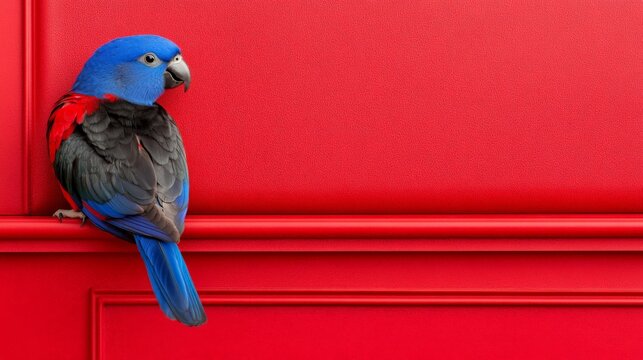 Red-and-Blue Parrot on Red Surface: A vibrant blue-and-red parrot perches on a bold red surface, creating a striking contrast of colors. The parrot's plumage is richly detailed.
