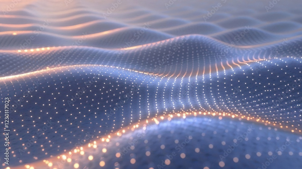 Poster abstract visualization of flowing waves with glowing dots, creating a serene digital landscape