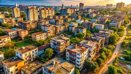 Naklejka premium Drone View of Poor Housing Development, Overcrowded Slums, Aerial Perspective, Urban Poverty, Developing Country