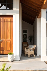 Modern Farmhouse Porch Design: A Luxurious Entrance with Wooden Door and Stylish Decor