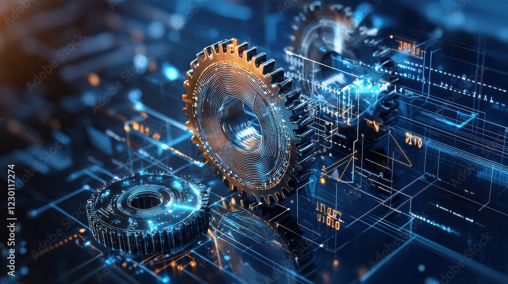 Aufkleber innovative gears with digital technology background, symbolizing progress and engineering. image cap