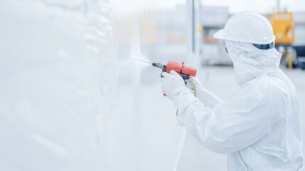 Industrial Worker Coating Factory Wall, a dedicated professional using a spray gun to apply protective paint on a large factory wall, showcasing industrial maintenance efforts.