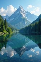 Majestic mountain peaks reflected in calm lake amidst lush green forest, serene atmosphere, mountains, landscape