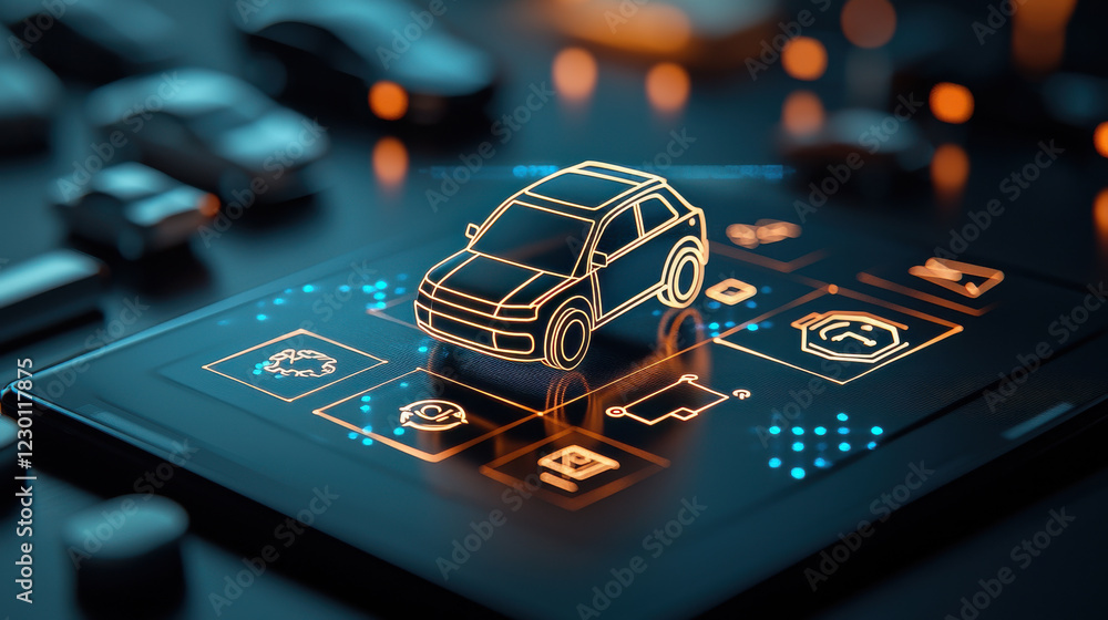 Poster futuristic car model displayed on digital interface with glowing icons, representing advanced techno