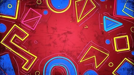 Colorful abstract geometric patterns on a textured red background, ideal for creative projects