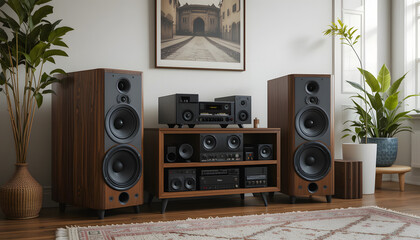 Hi fi wooden vintage speaker system in living room. Generative AI
