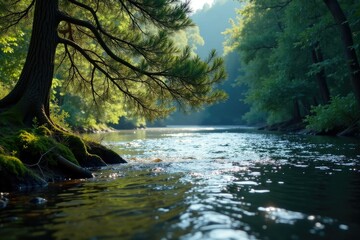 River water rippling past a pine tree's branches, river, ripple