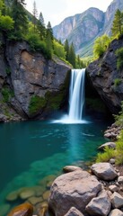 Fototapeta premium Rocky outcropping with a waterfall flowing into a calm lake, Provo Canyon, rocky outcropping