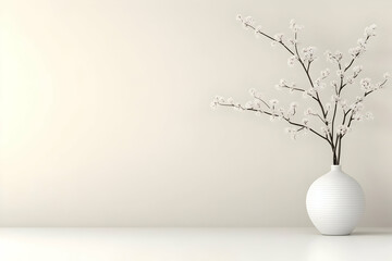 Minimalist white vase, blossom branch, beige wall