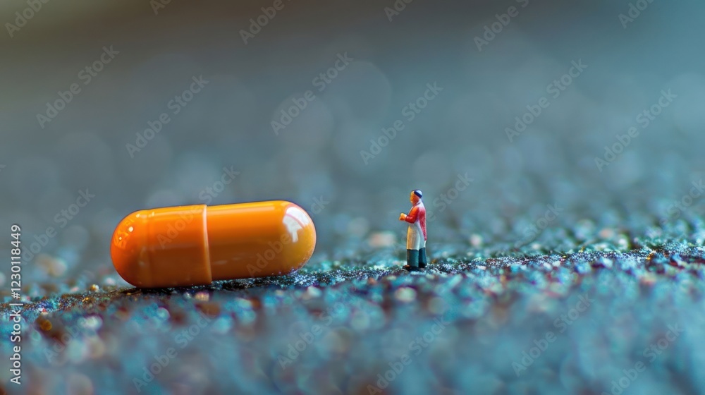Poster a tiny figure stands beside a large orange capsule on a textured surface, creating a surreal perspec