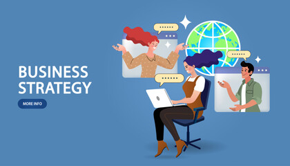 Business strategy concept. A team leader with a laptop manages a global remote team in a video conference. People collaborating online to plan a successful project. Vector for a corporate website.