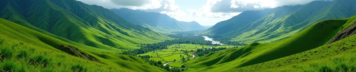 Obraz premium Rolling hills and valleys of Kualoa Mountain Range with a winding stream, valleys, serenity