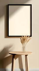 Beige room, empty frame, pampas grass