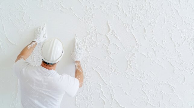 Plasterer at Work, a skilled craftsman expertly smoothing a freshly applied plaster wall, showcasing dedication and craftsmanship in a spacious interior setting