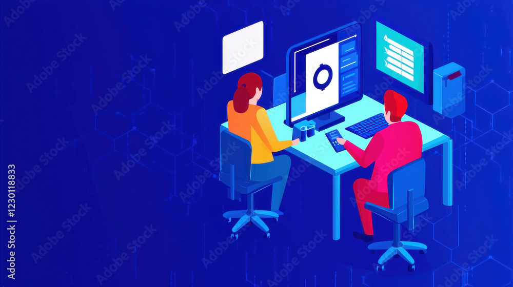 Aufkleber digital illustration of two people working at desk with computers, focusing on technology and collab