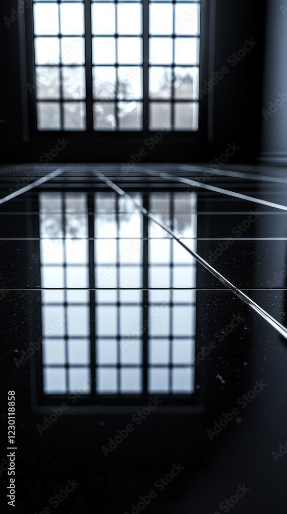 Poster a glossy black tile surface gleams under soft light, capturing the reflection of a large window fram