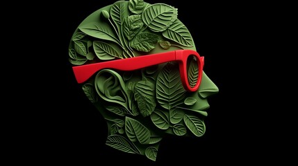 Nature's Embrace: A captivating 3D rendering of a human head transformed into a lush tapestry of...