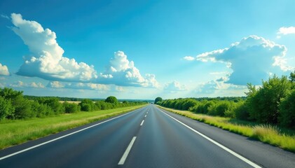 Serene highway under blue sky with trees on either side, landscape, sky