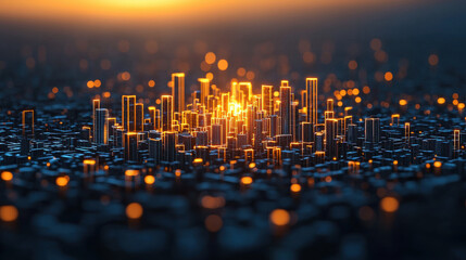 vibrant city skyline illuminated by glowing lights at sunset, showcasing futuristic urban landscape. intricate details of buildings create mesmerizing visual effect