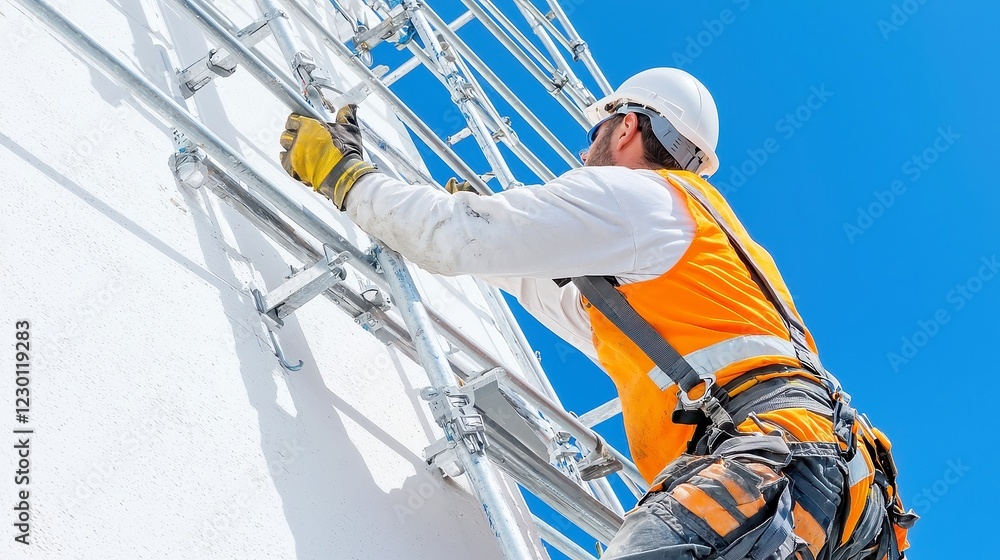 Poster scaffolding worker assembling a structure, a construction expert skillfully securing scaffolding for