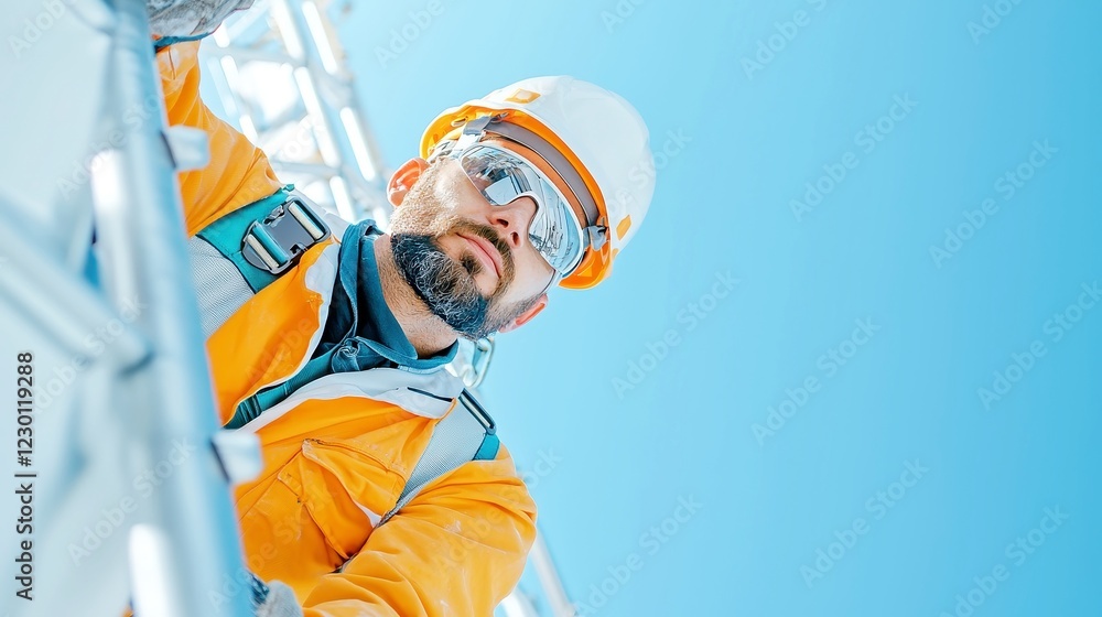 Poster scaffolding expert assembling framework, a skilled worker methodically securing scaffolding around a