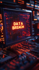 Obraz premium Data breach database monitoring. Hacking compliance. A detailed 3D image depicting a hacker's workstation and monitor setup.