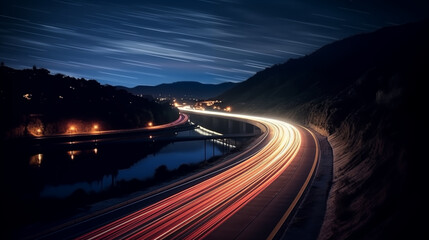 Obraz premium blue hour highway river nightscape motion light trails scenic landscape long exposure photography 