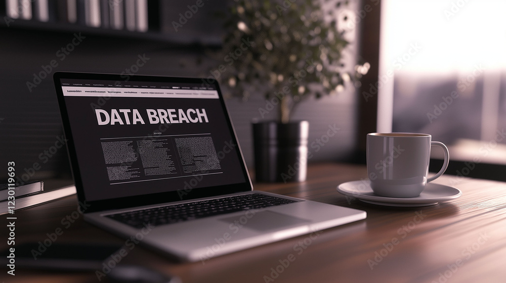 Poster data breach database monitoring. hacking compliance. a detailed 3d render of a newspaper headline in