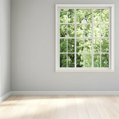 Room interior, window view, trees, sunlight, home design
