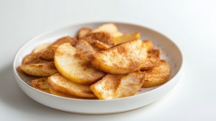 A minimalist serving of freshly baked apple slices, lightly cinnamon-dusted and neatly arranged on a plain white ceramic plate, Apple slices centered