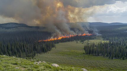 dramatic firestorm engulfs forest, with flames and smoke rising over landscape, showcasing power of nature fury