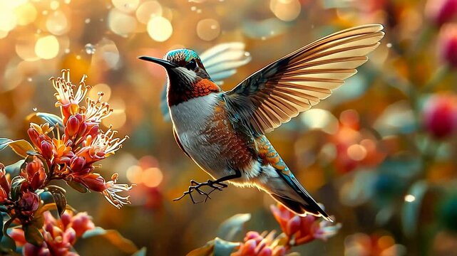 Close-Up of a Colorful Hummingbird Flying Near Flowers
