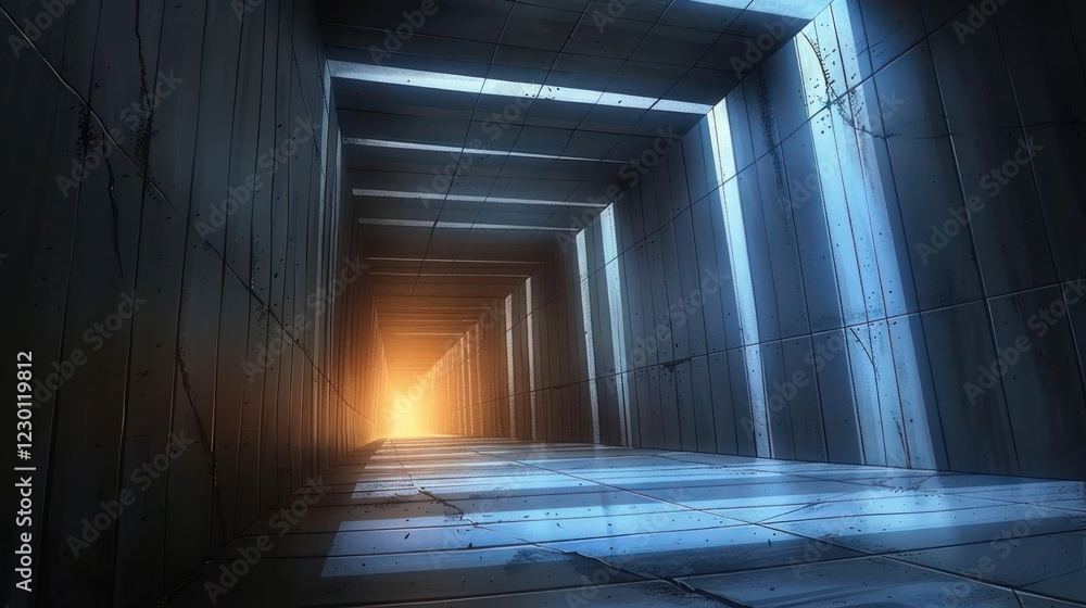 Aufkleber abstract perspective of a futuristic corridor illuminated by bright light at the end, creating depth