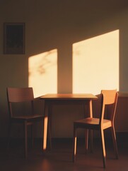 A wooden chair set with a natural light source illuminating the room, featuring a modern and minimalist design.