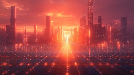 Obraz premium Futuristic Cityscape Red Sunset Smart Grid Technology