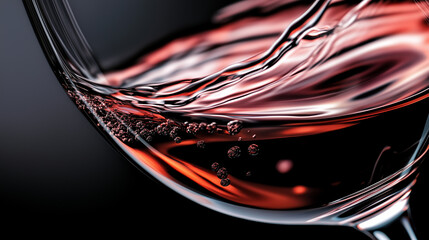 Close-up of red wine swirling in a glass with delicate bubbles, perfect for luxury branding, fine dining, and wine appreciation themes