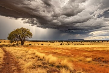 Fototapeta premium Rain is falling on a dry grassland with a lone tree and a dramatic sky