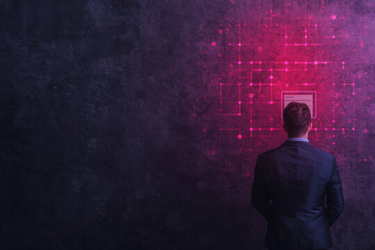 businessman in suit stands before digital interface, contemplating data. vibrant pink graphics create modern, tech savvy atmosphere