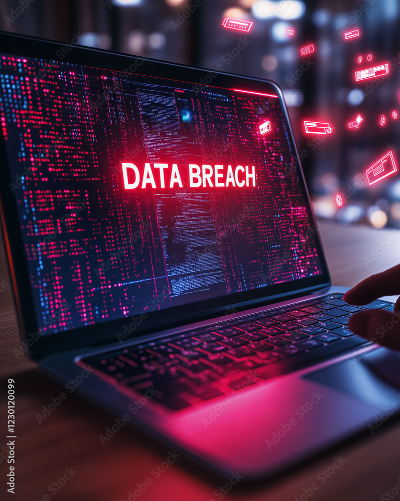 Poster data breach database monitoring. hacking compliance. a laptop in a coffee shop depicted in a realist
