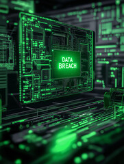 Fototapeta premium Data breach database monitoring. Hacking compliance. A detailed 3D image of a hacker's dark, tech-oriented workspace.