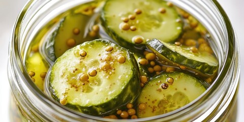 Close-up of a jar of pickled cucumbers with spices, ready for use or sale.